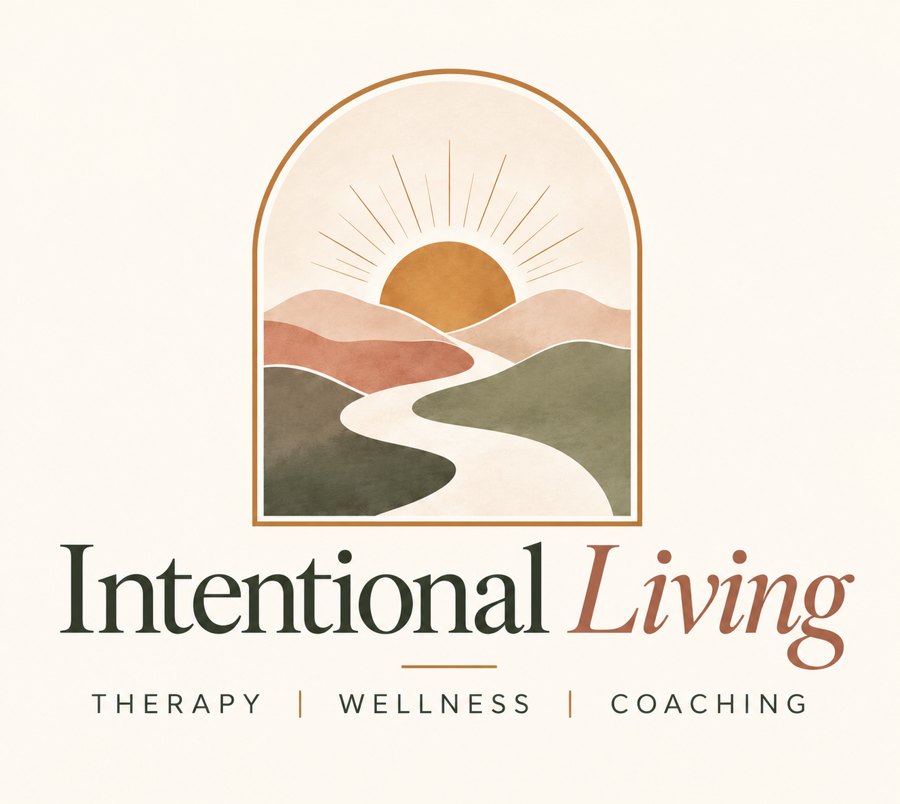 Intentional Living logo: an arched sunrise over layered hills and a winding path