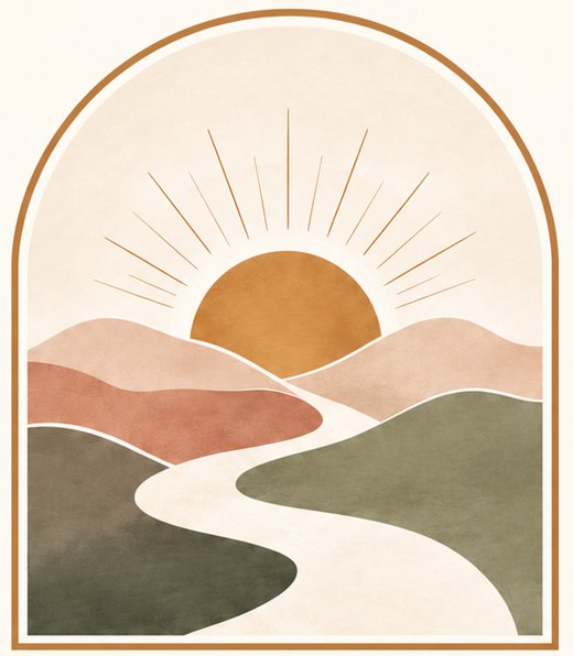 Arched sunrise over layered hills with a winding path, the Intentional Living mark